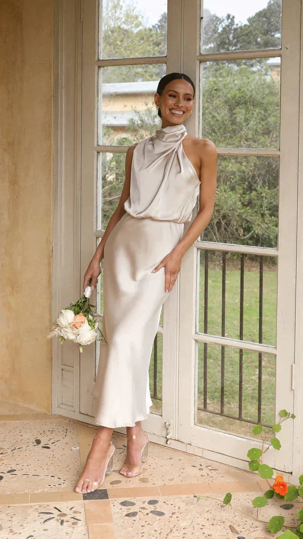 Renata draped neck satin midi dress – image 9