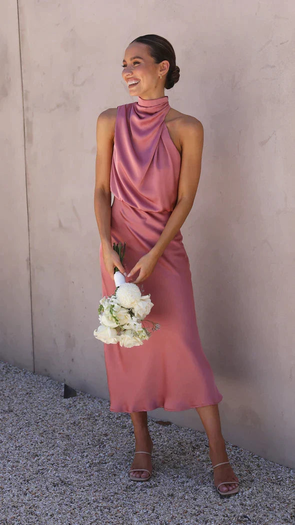 Renata draped neck satin midi dress – image 12