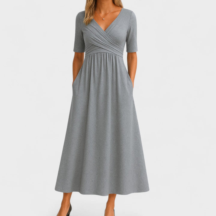 Barbara V neck wrap dress with gathered waist