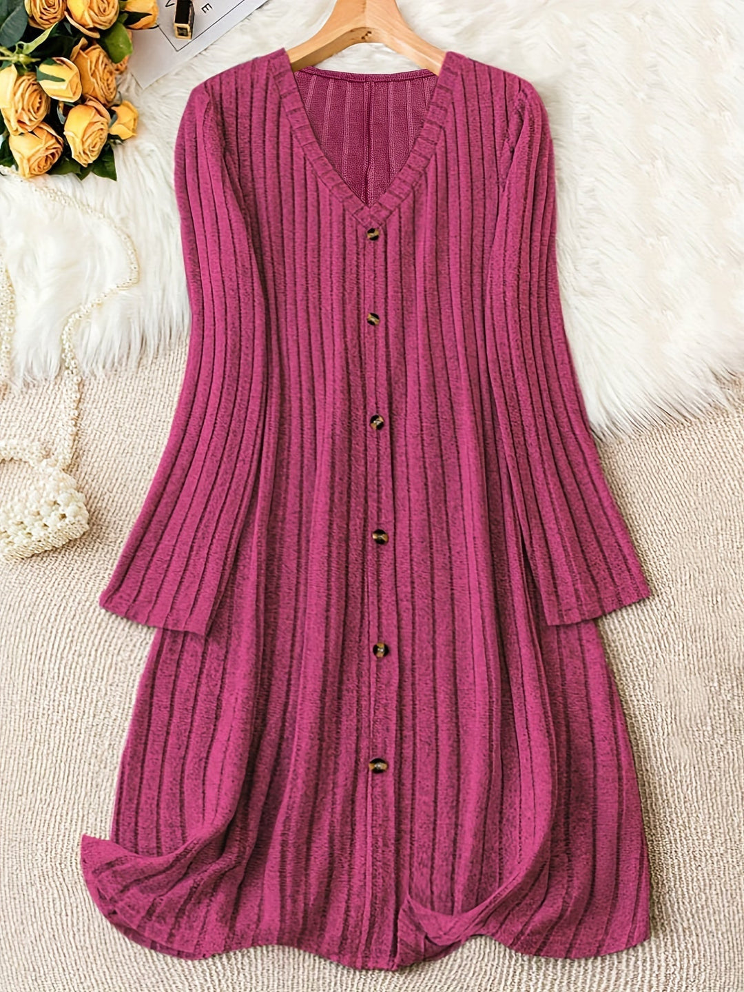 Celia ribbed knit button front sweater dress – image 9