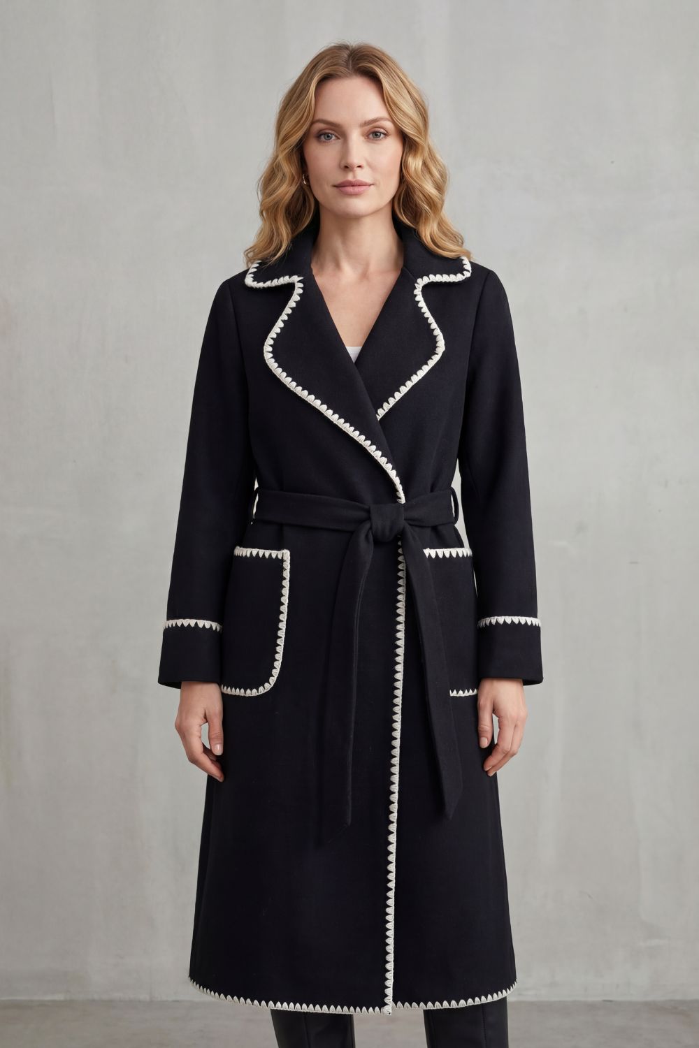 Marianne longline belted coat with contrast trim – image 2