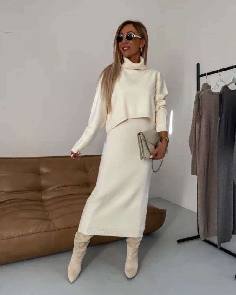 Leonora roll neck top and knit midi dress set