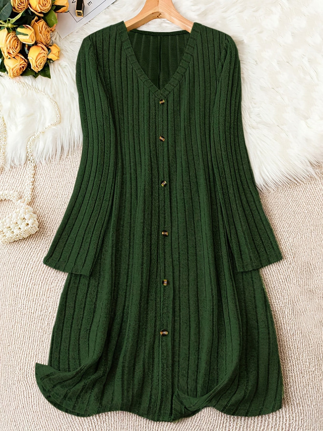 Celia ribbed knit button front sweater dress – image 8