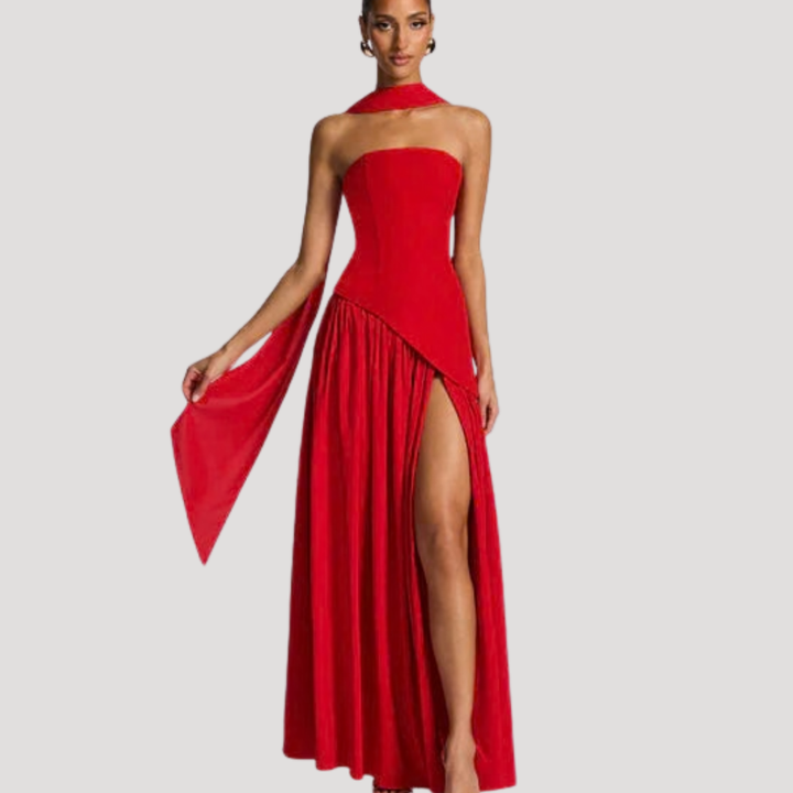 Bonnie strapless maxi dress with choker neck – image 30