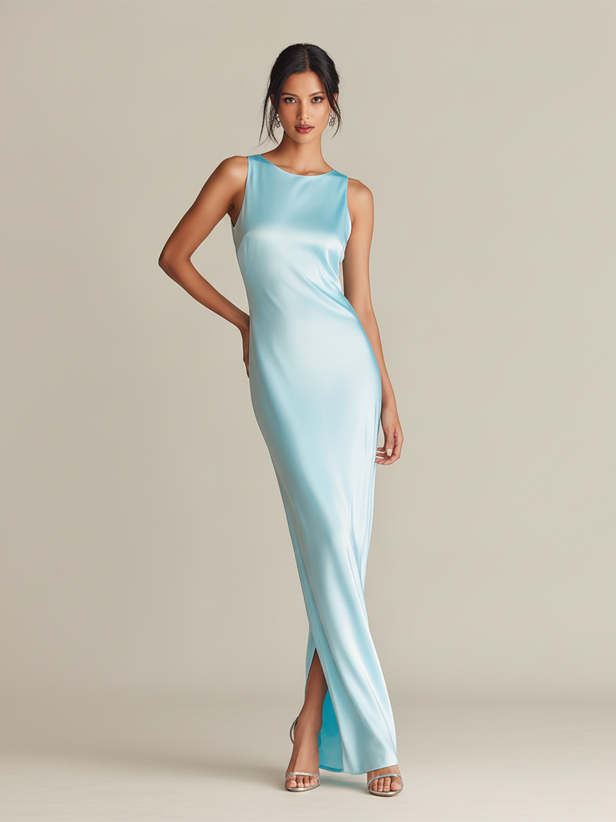 Iola sky blue satin maxi dress with side slit – image 2