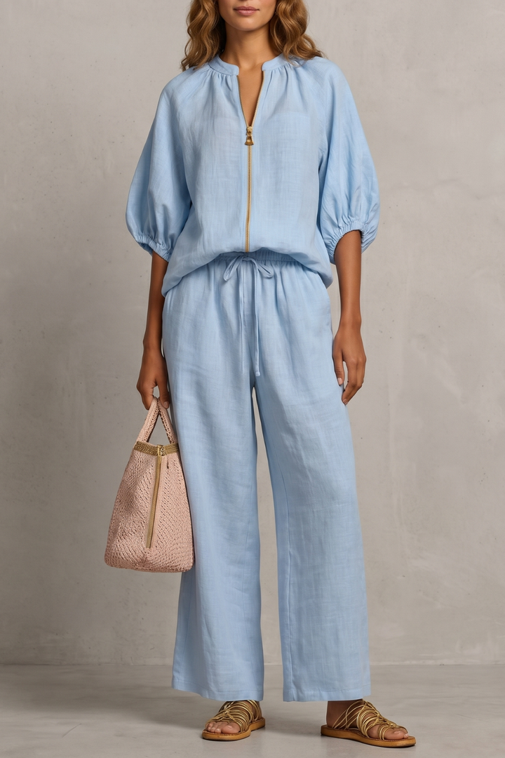 Felicity zip front puff sleeve trouser set