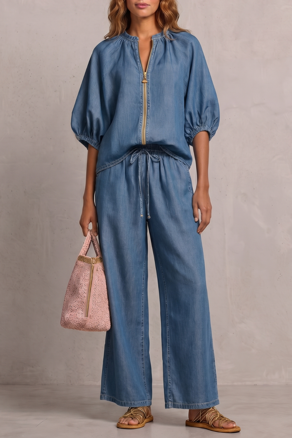 Felicity zip front puff sleeve trouser set – image 5