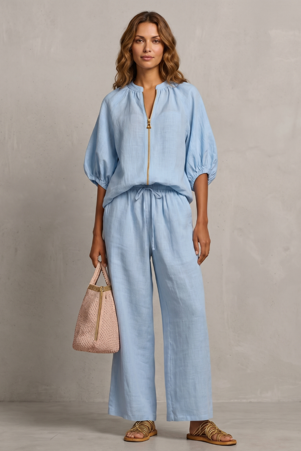 Felicity zip front puff sleeve trouser set – image 2
