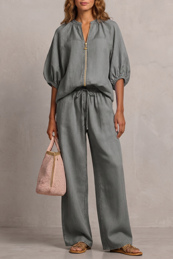 Felicity zip front puff sleeve trouser set – image 9