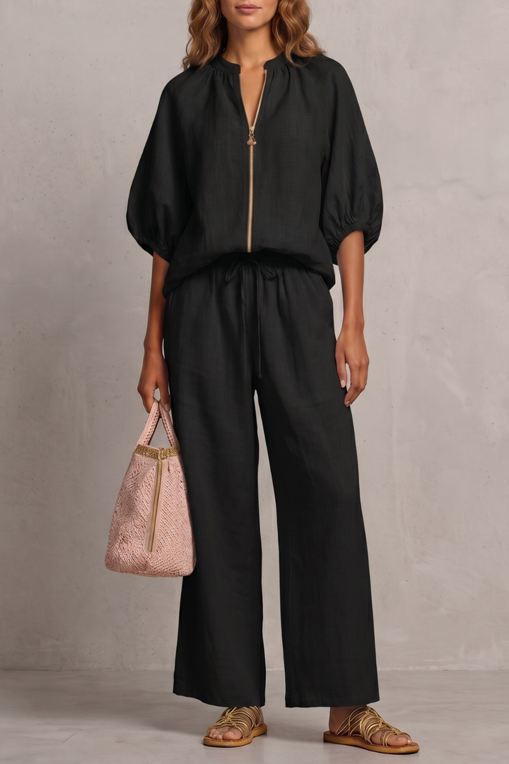 Felicity zip front puff sleeve trouser set – image 11