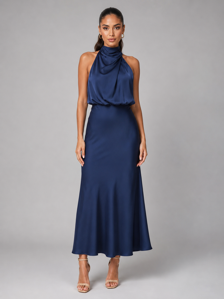 Araminta satin high neck midi dress