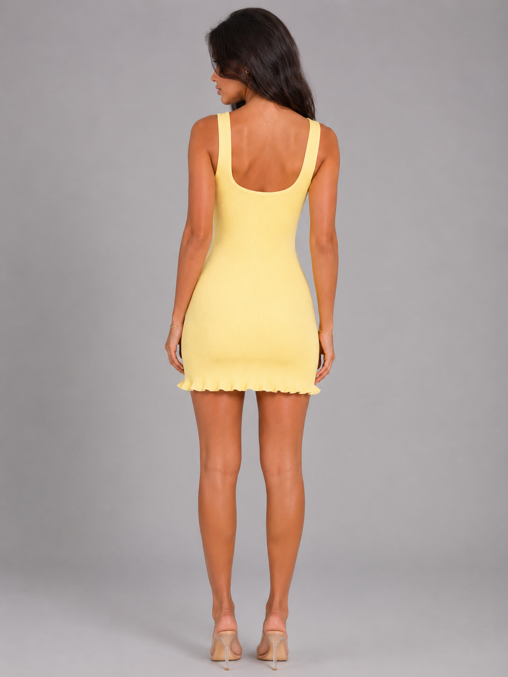 Romy ribbed square neck mini dress with frill hem – image 2