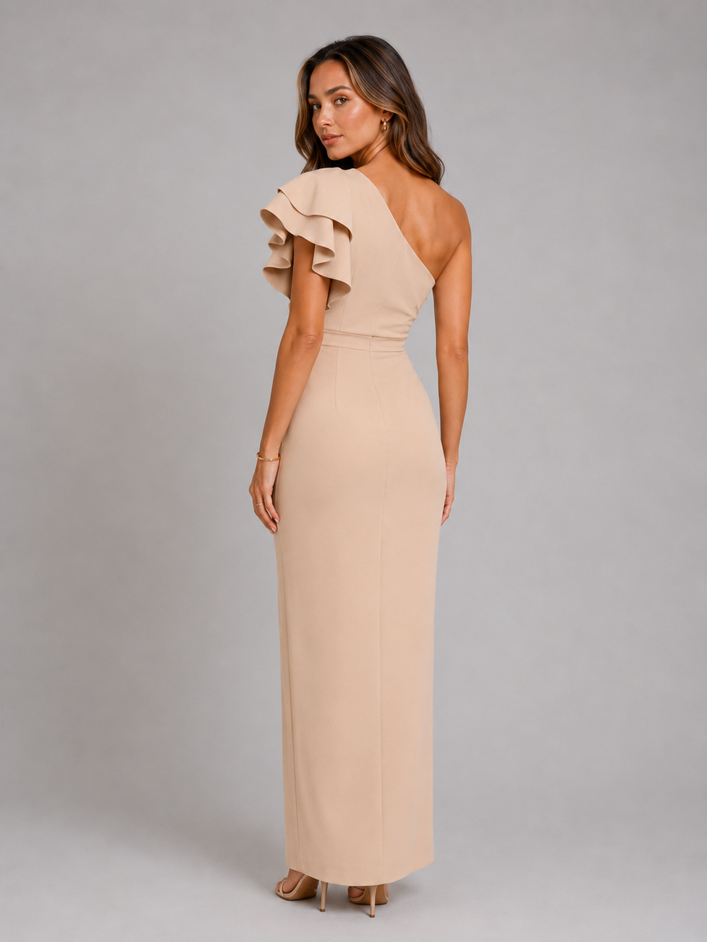 Serena one shoulder ruffle maxi dress with slit – image 2
