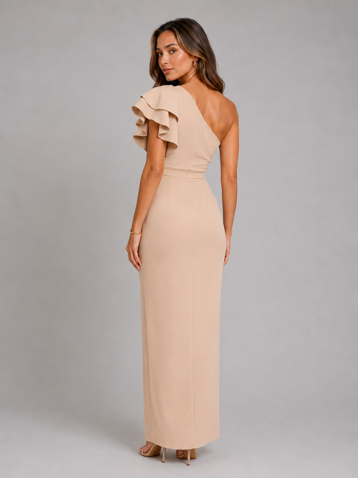 Serena one shoulder ruffle maxi dress with slit – image 2