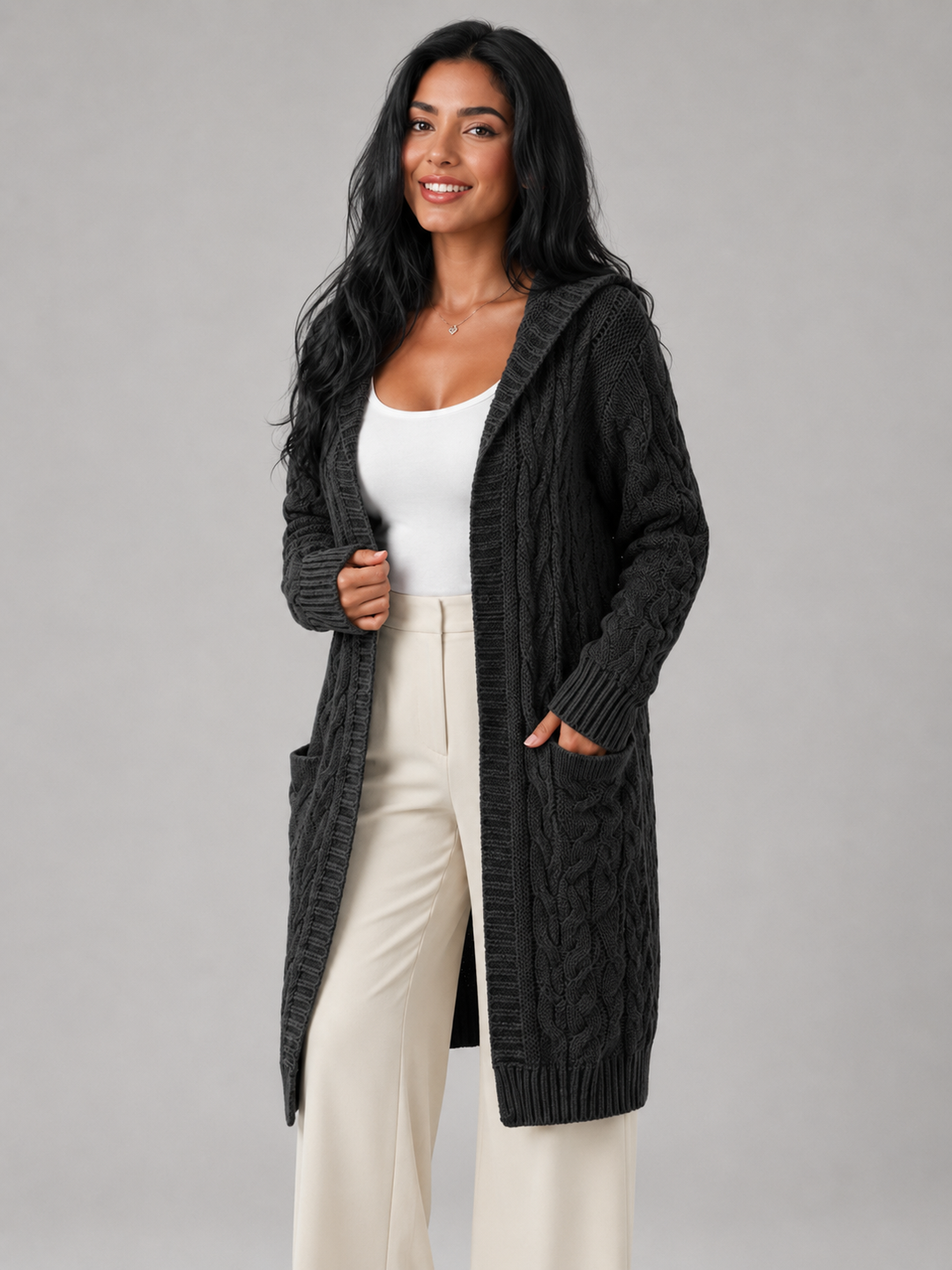 Freya longline hooded cable knit cardigan – image 9