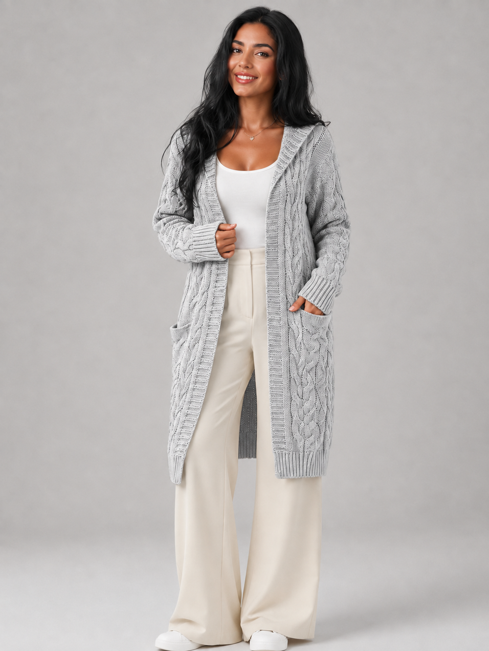 Freya longline hooded cable knit cardigan – image 2