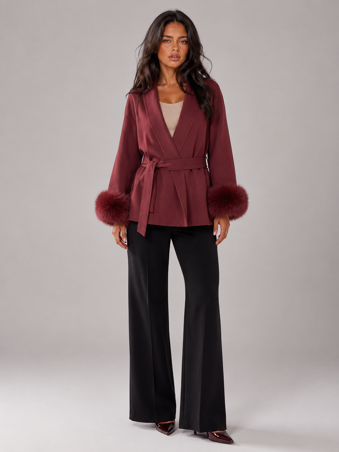Hermione belted coat with faux fur cuffs