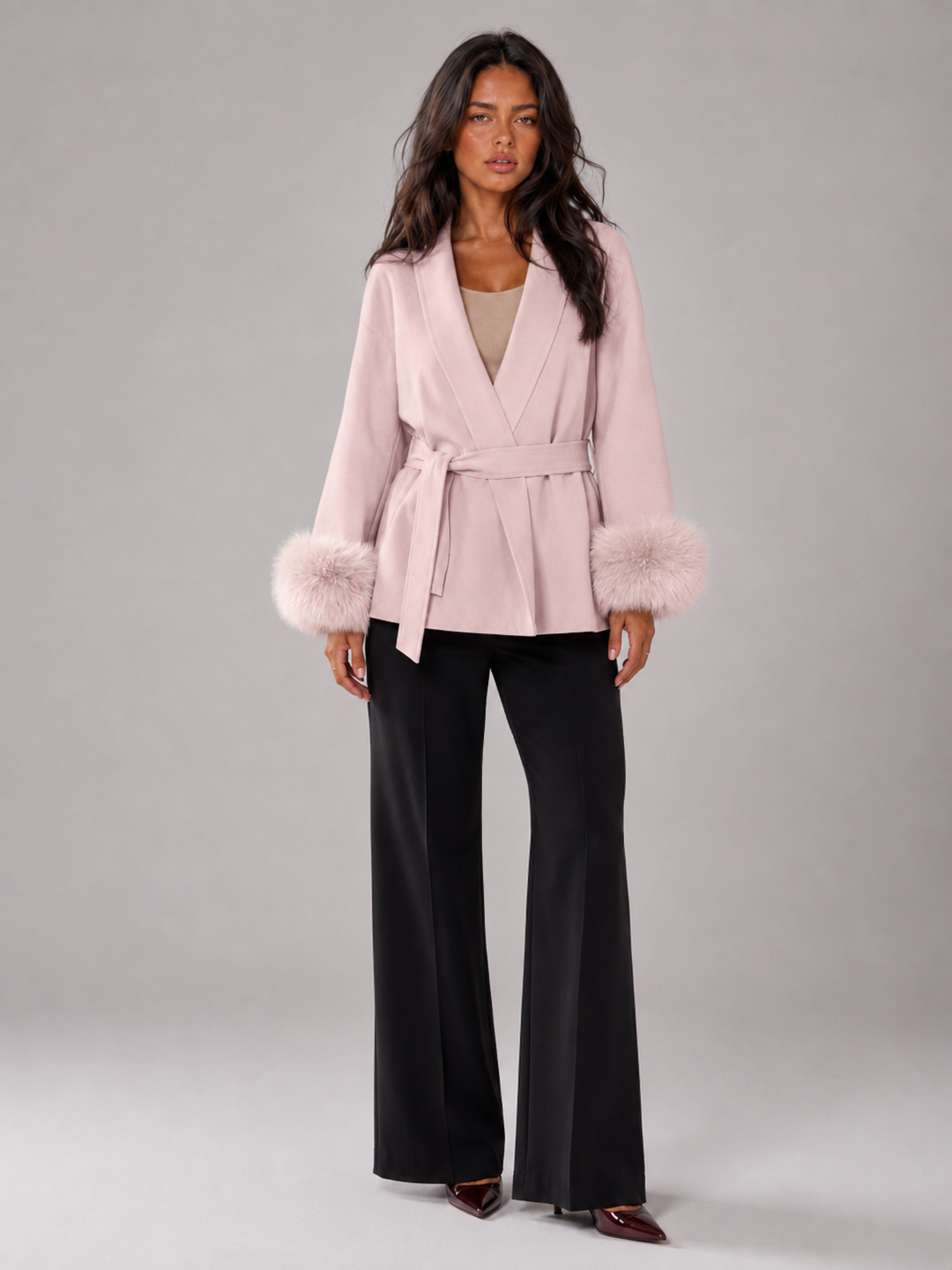 Hermione belted coat with faux fur cuffs – image 14