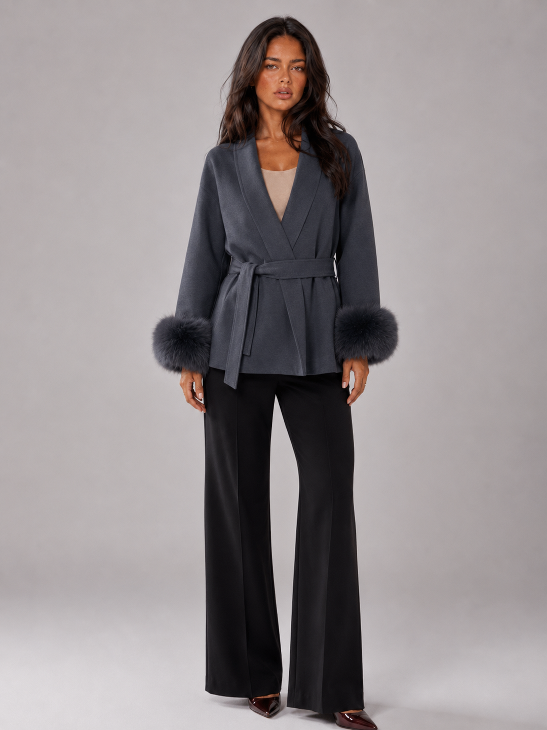 Hermione belted coat with faux fur cuffs – image 13