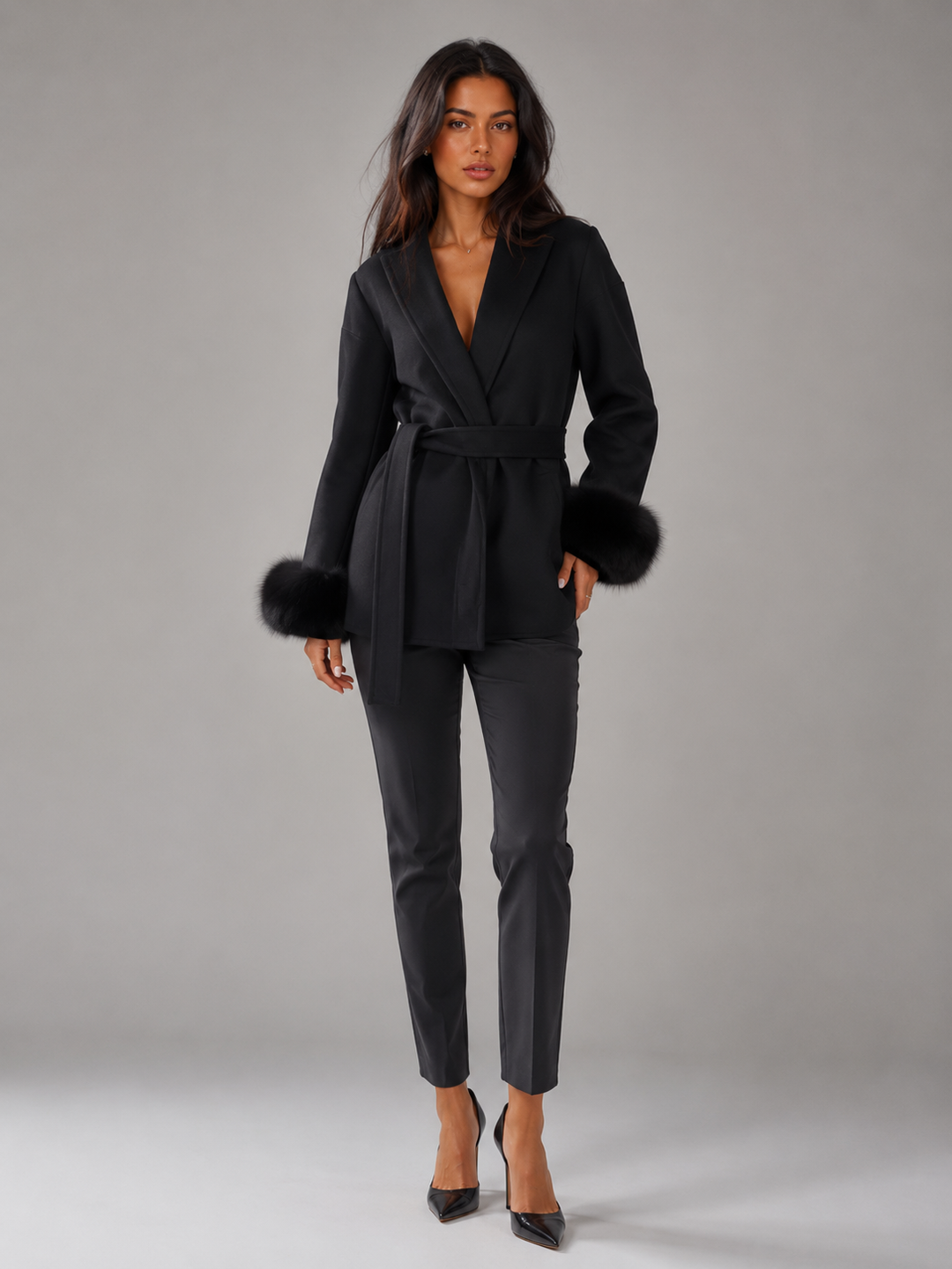 Hermione belted coat with faux fur cuffs – image 5