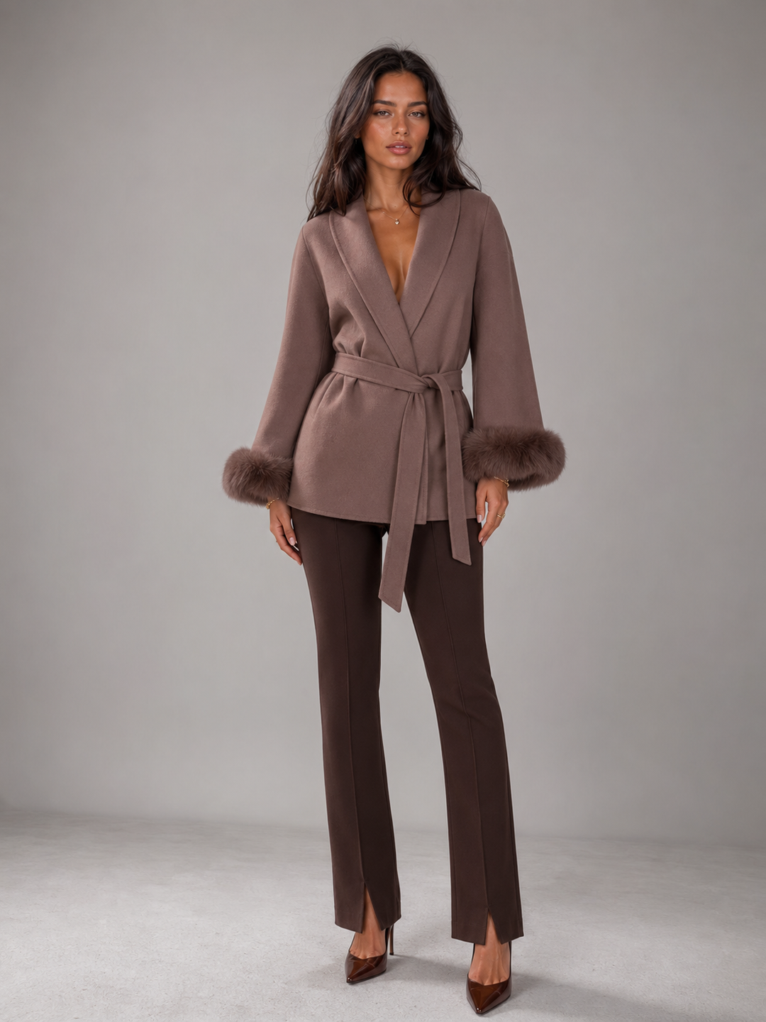 Hermione belted coat with faux fur cuffs – image 3