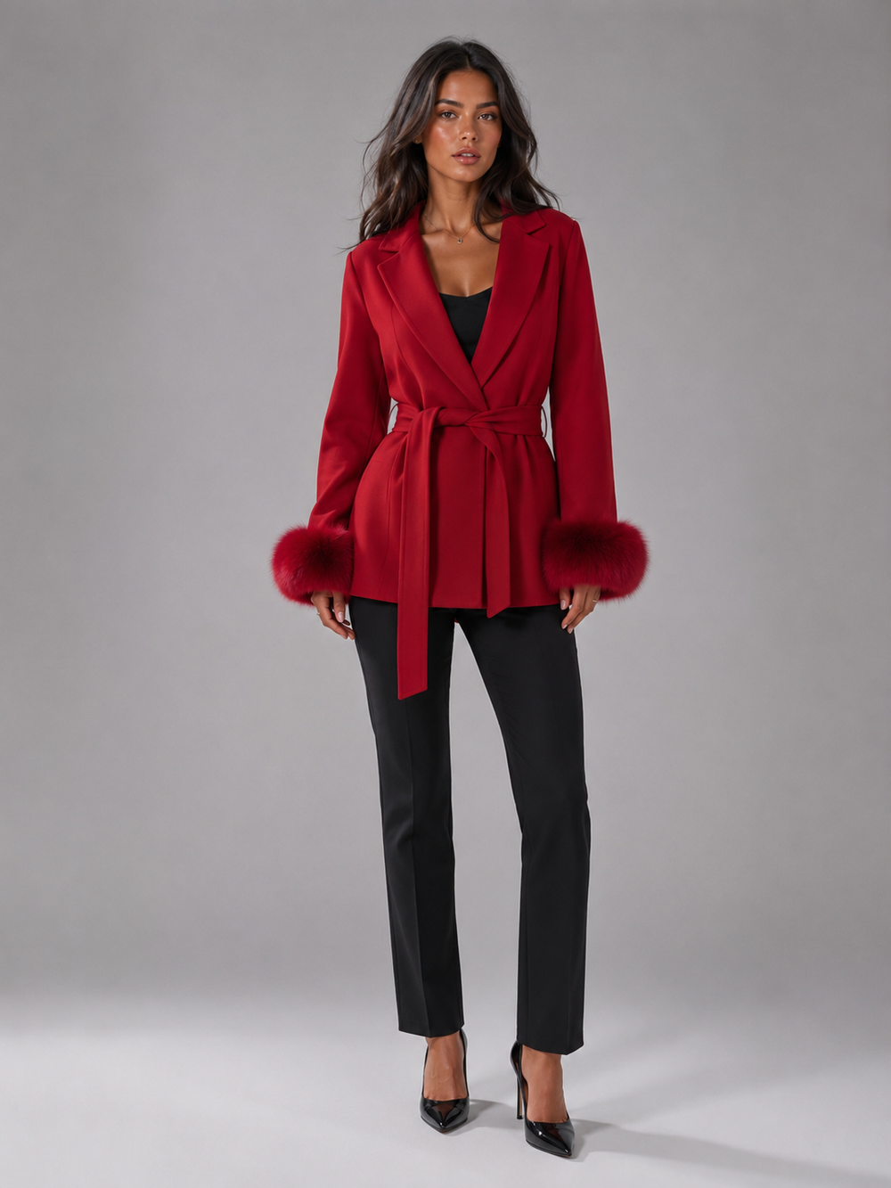 Hermione belted coat with faux fur cuffs – image 2