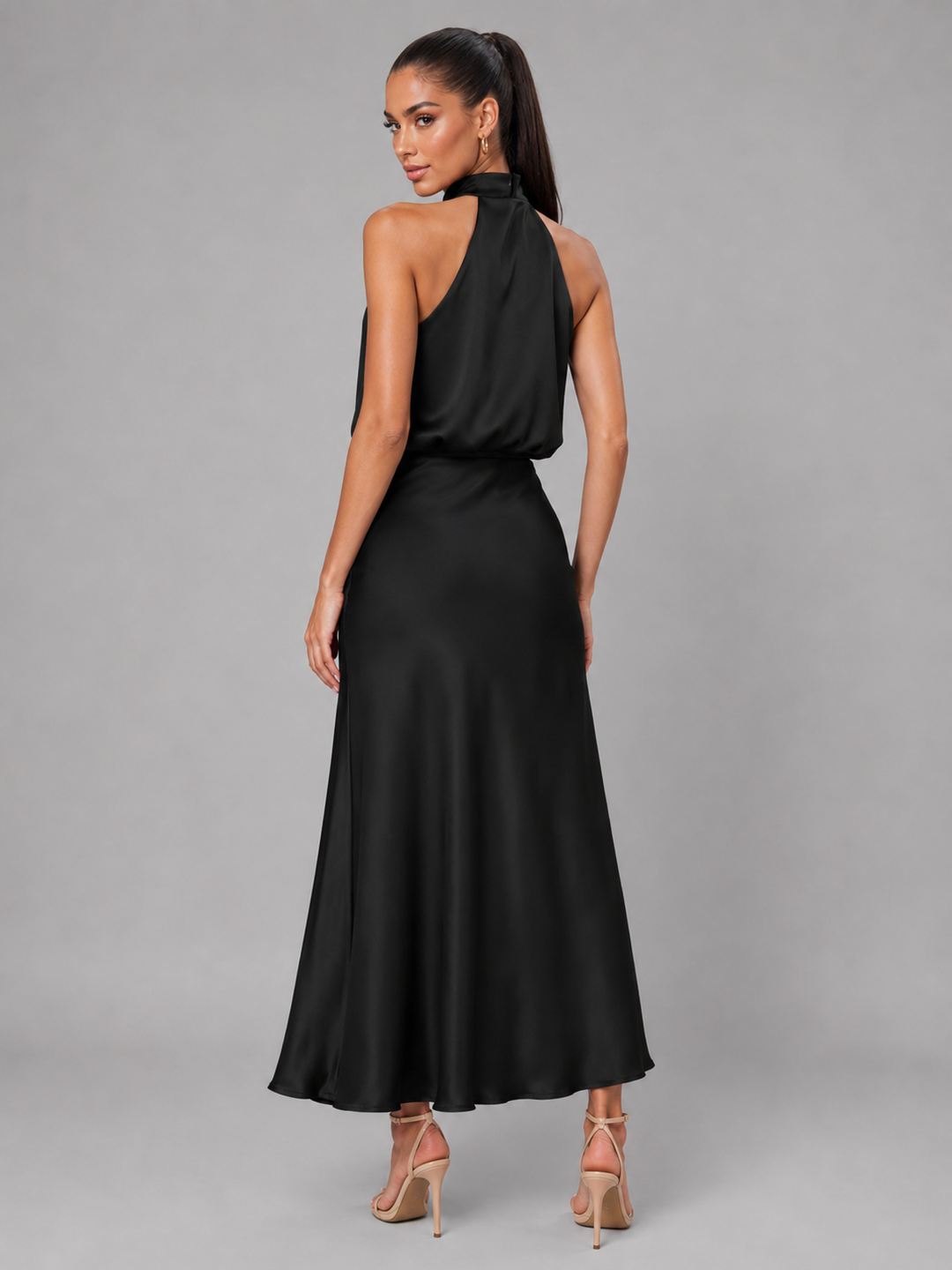 Araminta satin high neck midi dress – image 10