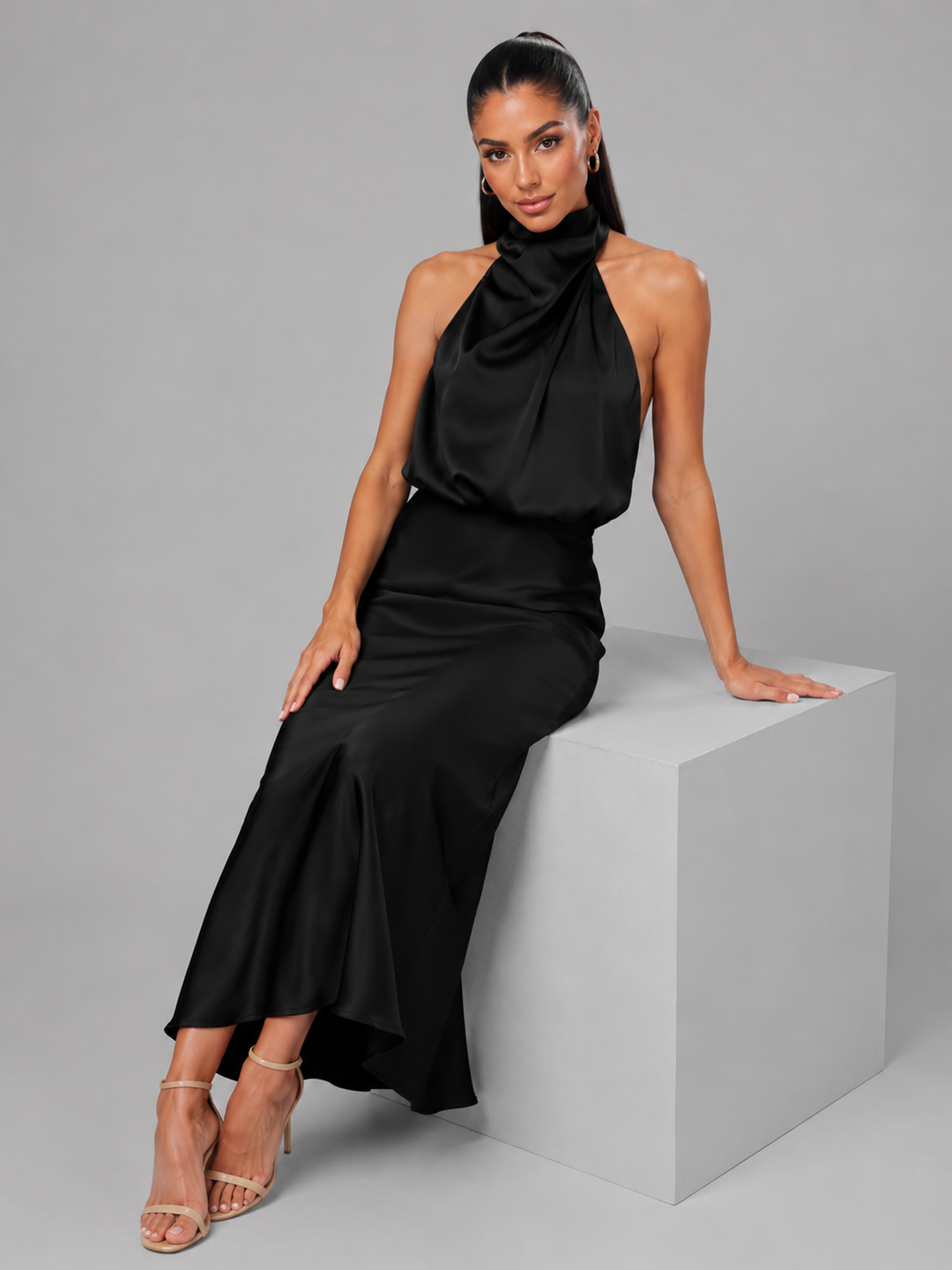 Araminta satin high neck midi dress – image 12