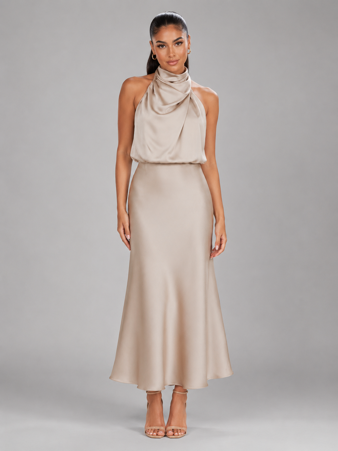 Araminta satin high neck midi dress – image 16