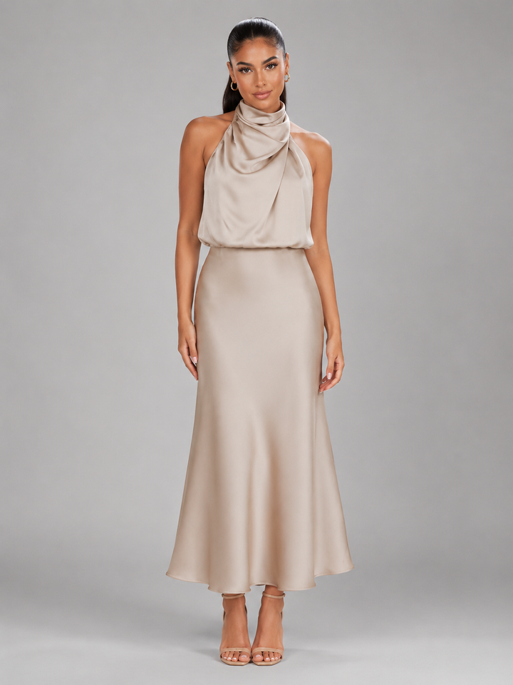 Araminta satin high neck midi dress – image 16