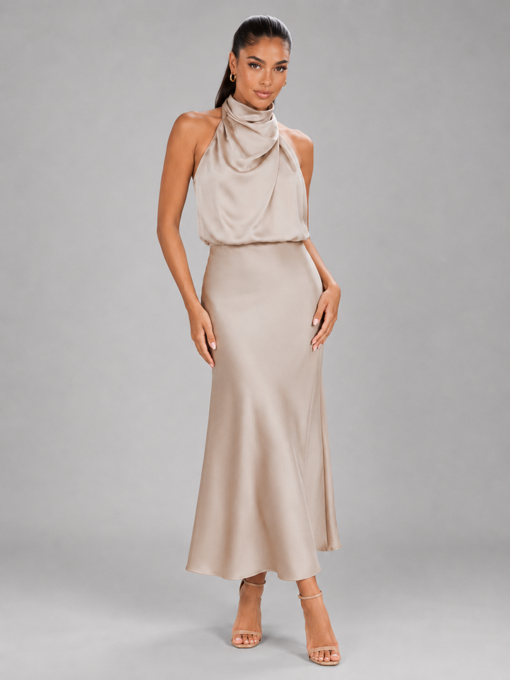 Araminta satin high neck midi dress – image 17