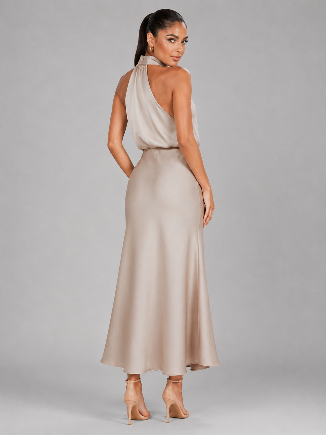 Araminta satin high neck midi dress – image 18