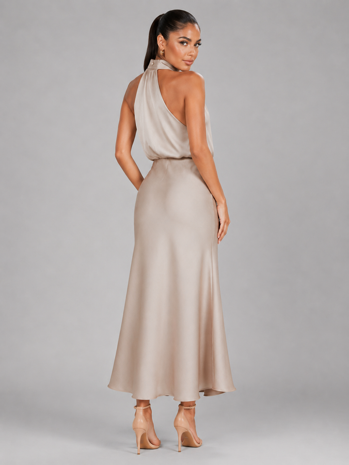 Araminta satin high neck midi dress – image 18