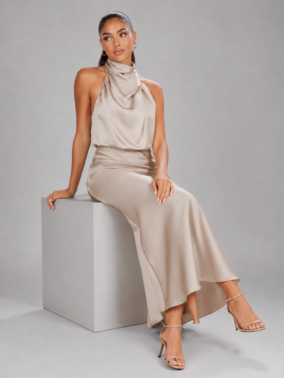 Araminta satin high neck midi dress – image 20
