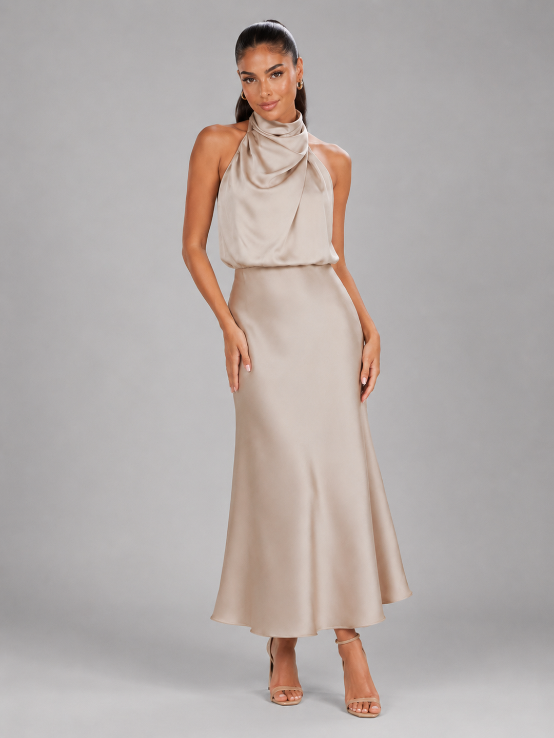 Araminta satin high neck midi dress – image 21