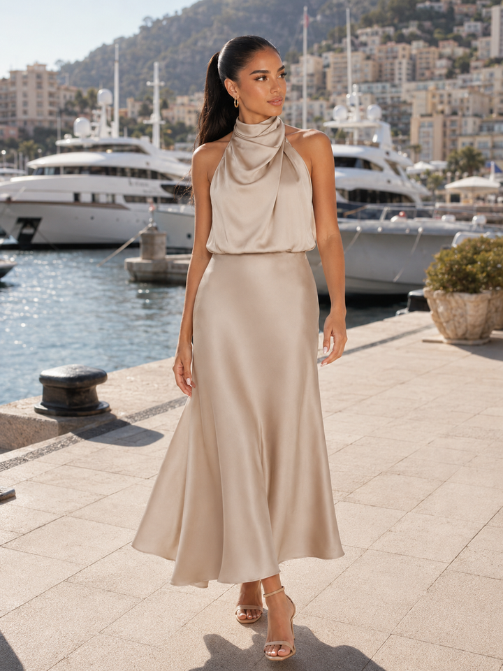 Araminta satin high neck midi dress – image 23