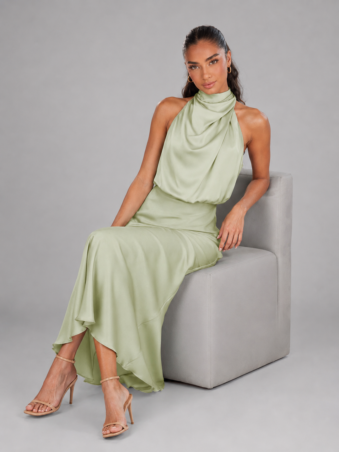 Araminta satin high neck midi dress – image 29