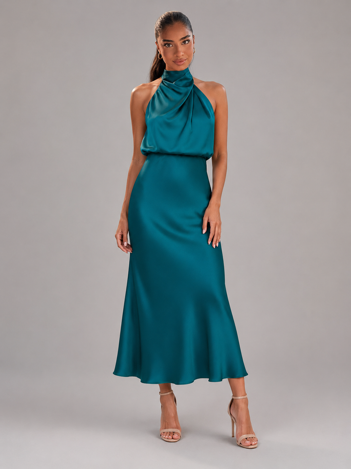 Araminta satin high neck midi dress – image 34