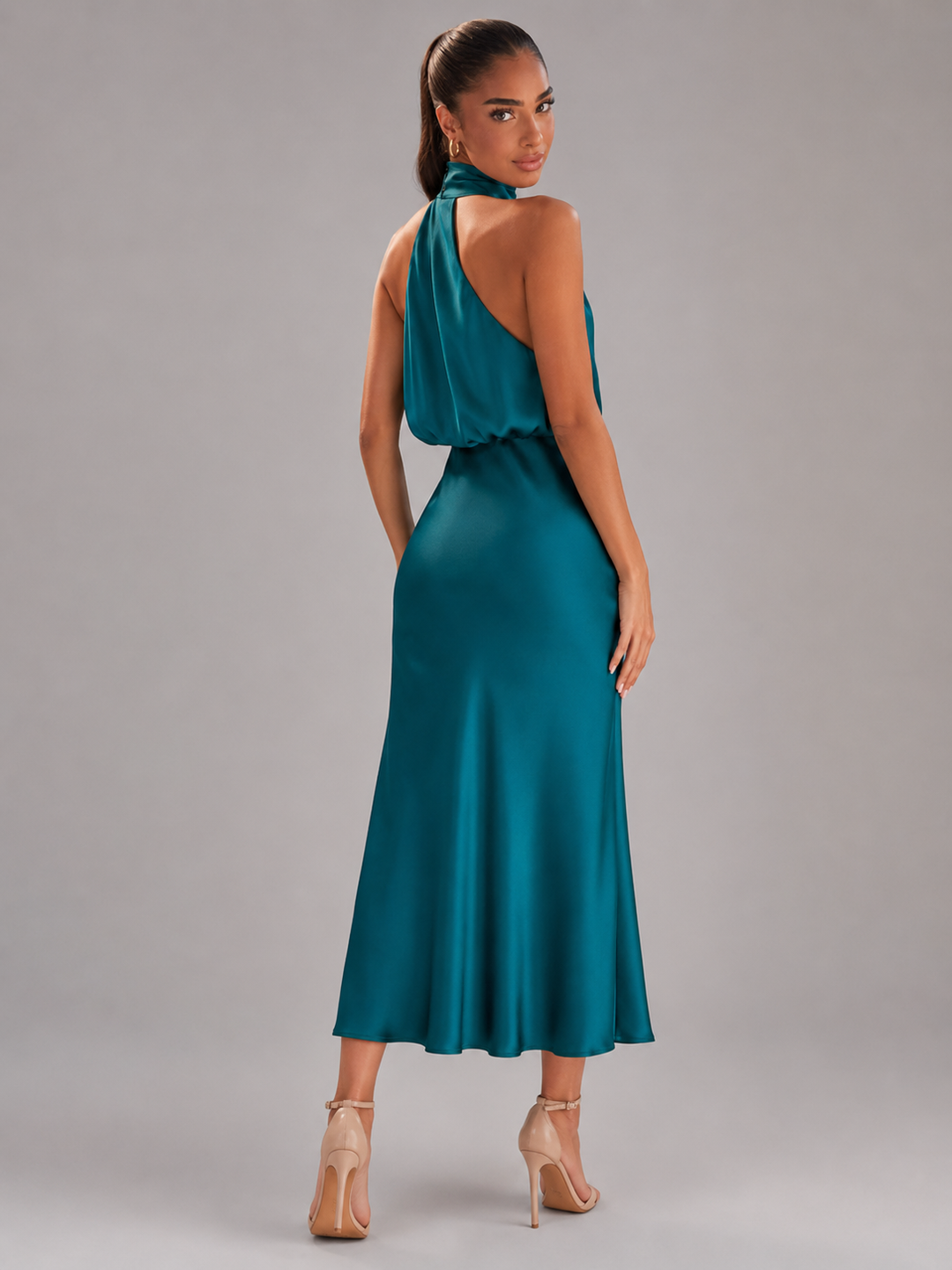 Araminta satin high neck midi dress – image 36
