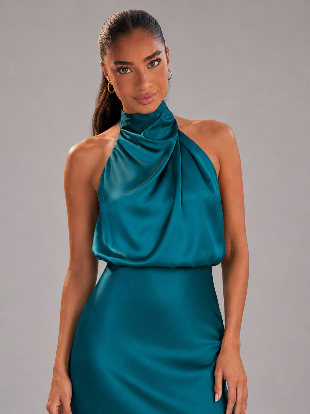Araminta satin high neck midi dress – image 37