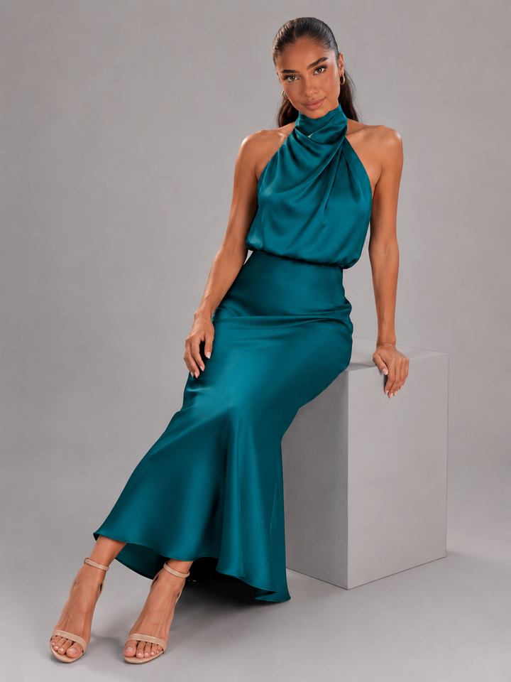 Araminta satin high neck midi dress – image 38