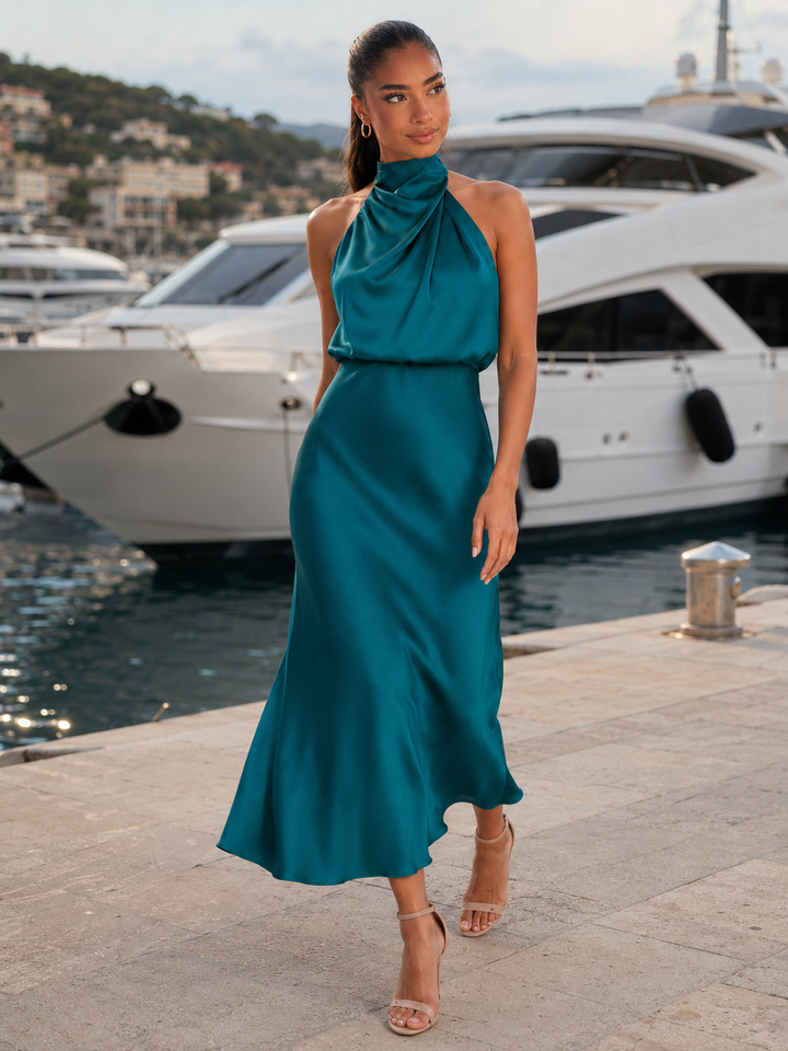 Araminta satin high neck midi dress – image 40