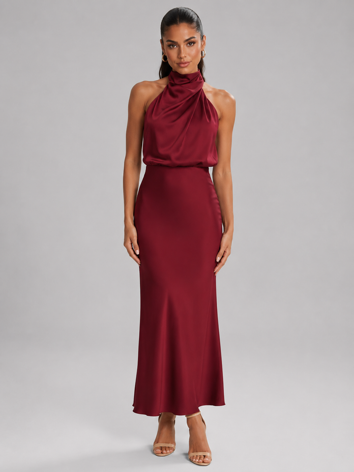 Araminta satin high neck midi dress – image 43