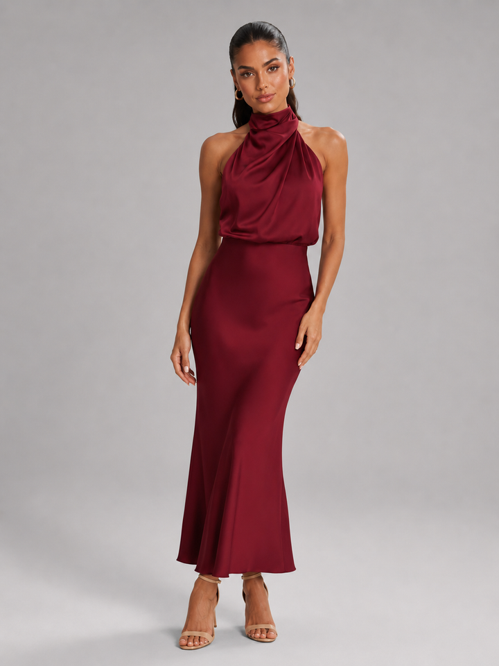 Araminta satin high neck midi dress – image 44