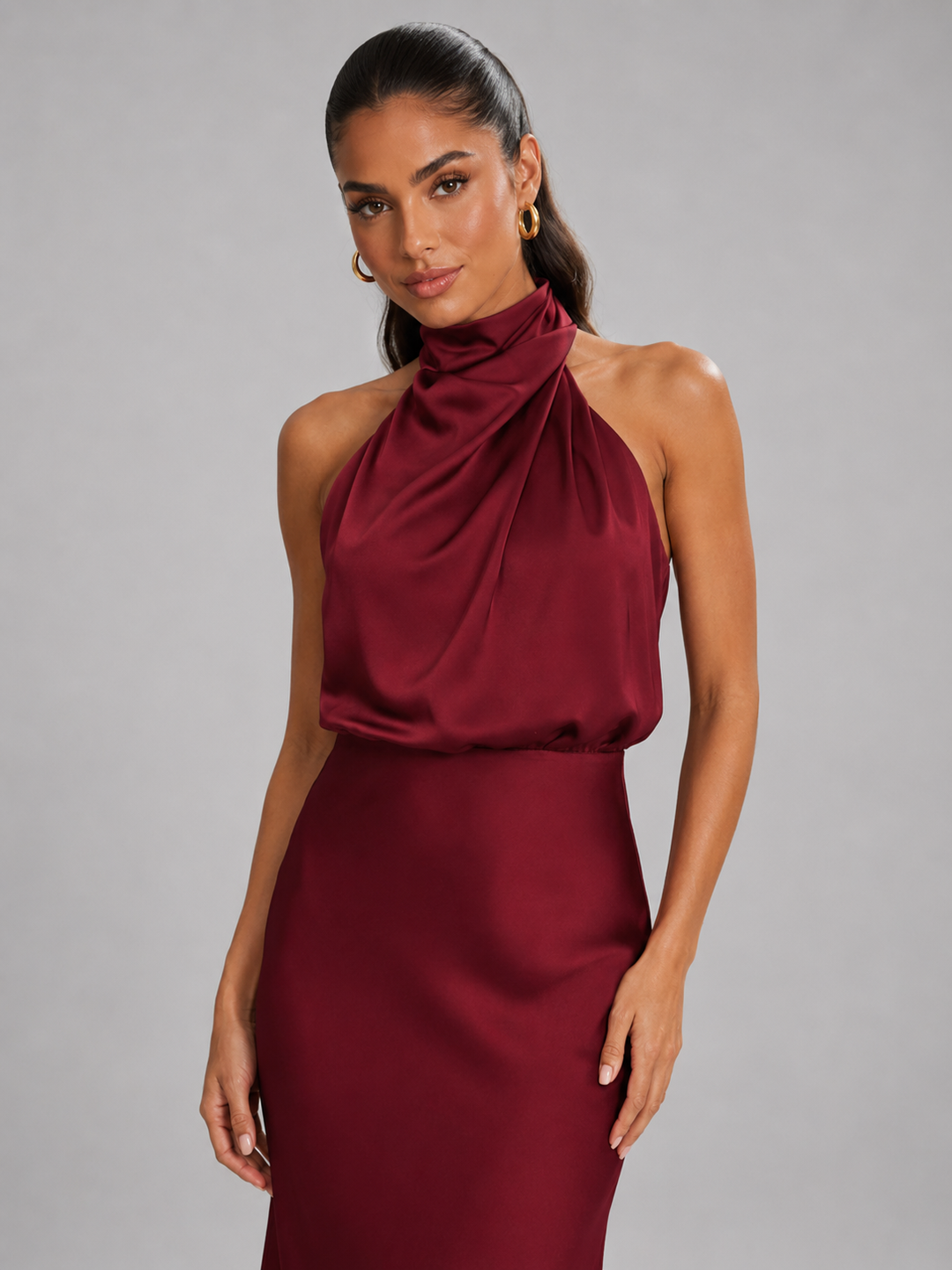 Araminta satin high neck midi dress – image 46