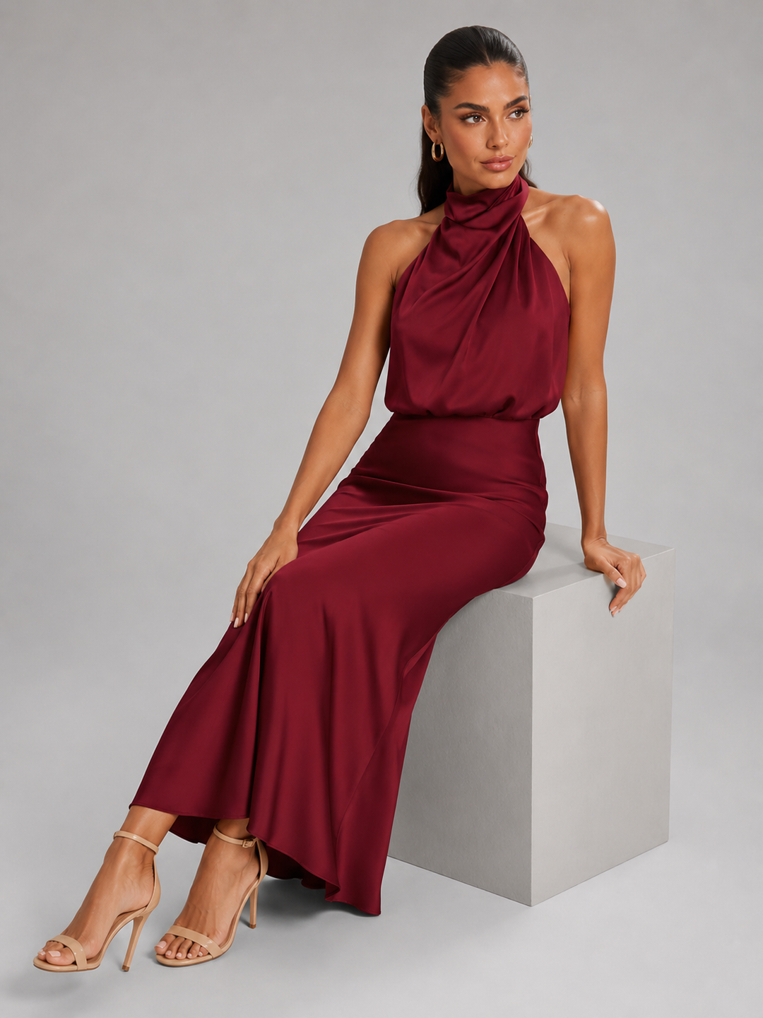 Araminta satin high neck midi dress – image 47