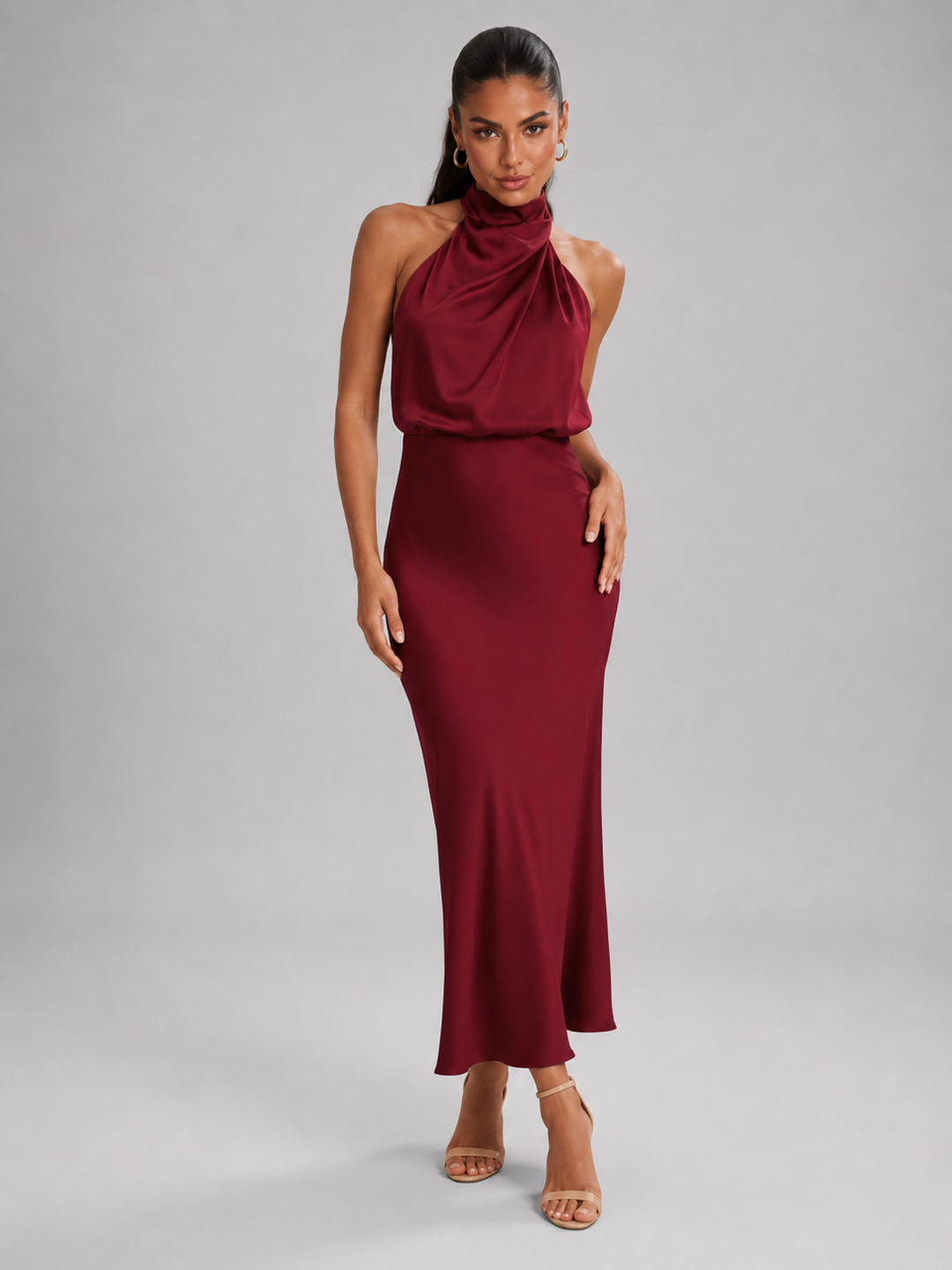 Araminta satin high neck midi dress – image 48