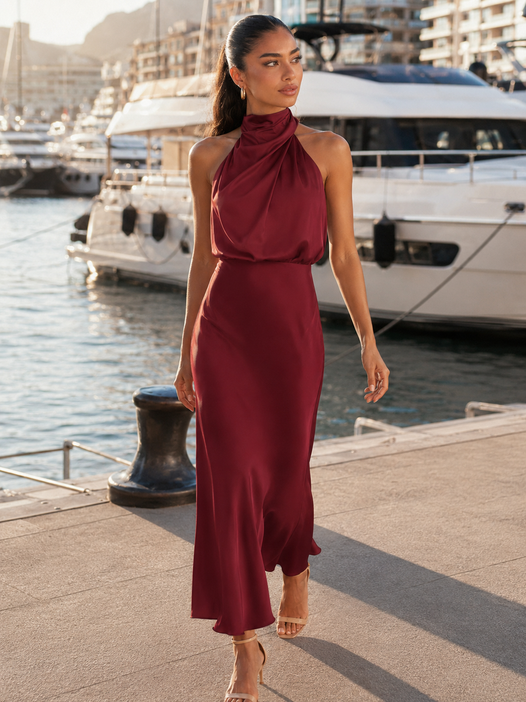 Araminta satin high neck midi dress – image 50