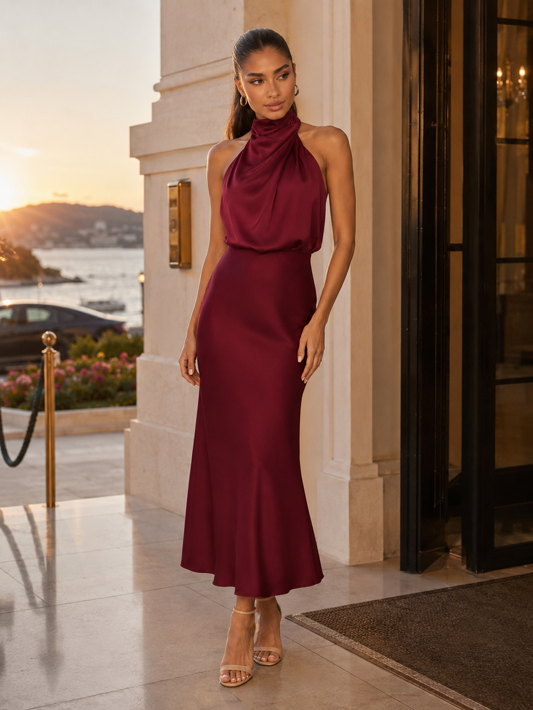 Araminta satin high neck midi dress – image 51
