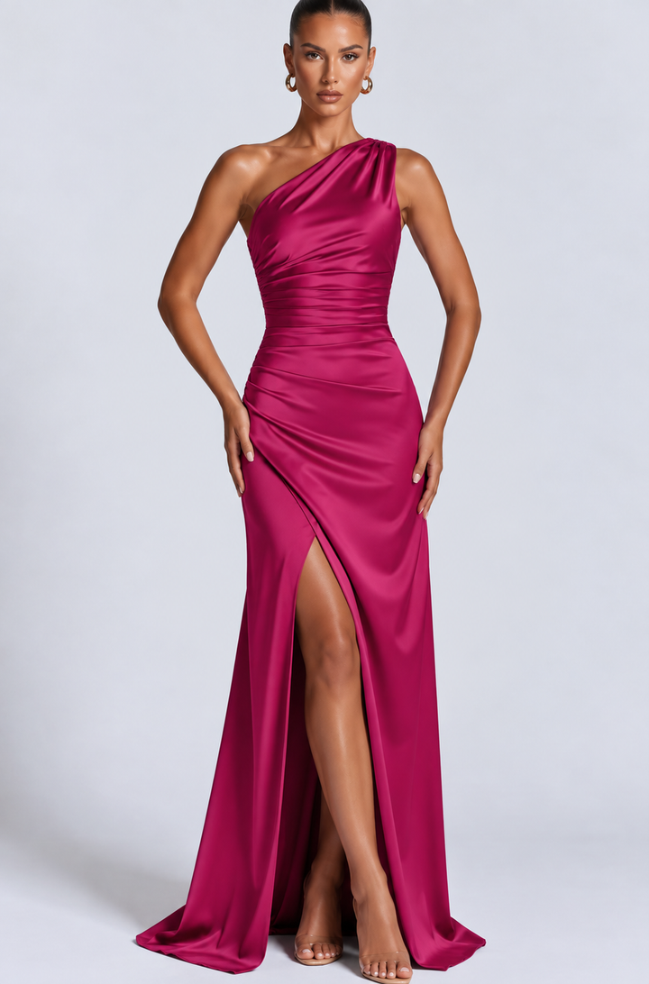 Peony one shoulder satin maxi dress with slit – image 10